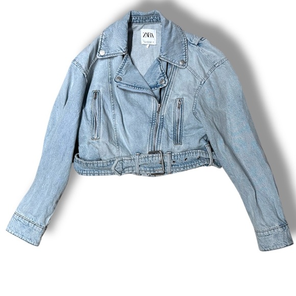 ZARA Belted Denim Moto Jacket Blue Light Wash - Picture 4 of 6